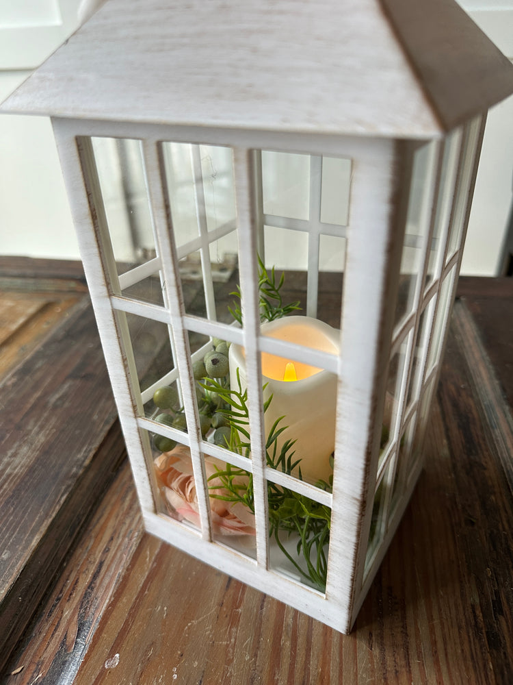 Solar-Powered White LED Lantern with Peach Floral Accents