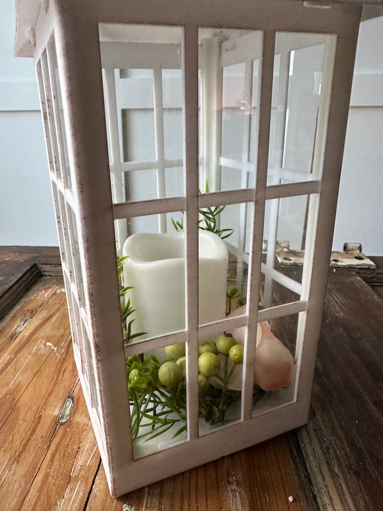 Solar-Powered White LED Lantern with Peach Floral Accents