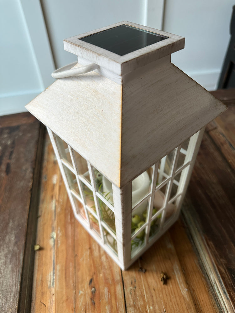 Solar-Powered White LED Lantern with Peach Floral Accents