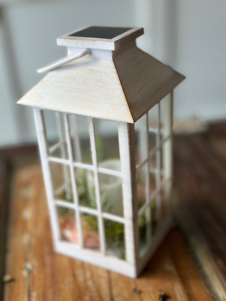 Solar-Powered White LED Lantern with Peach Floral Accents