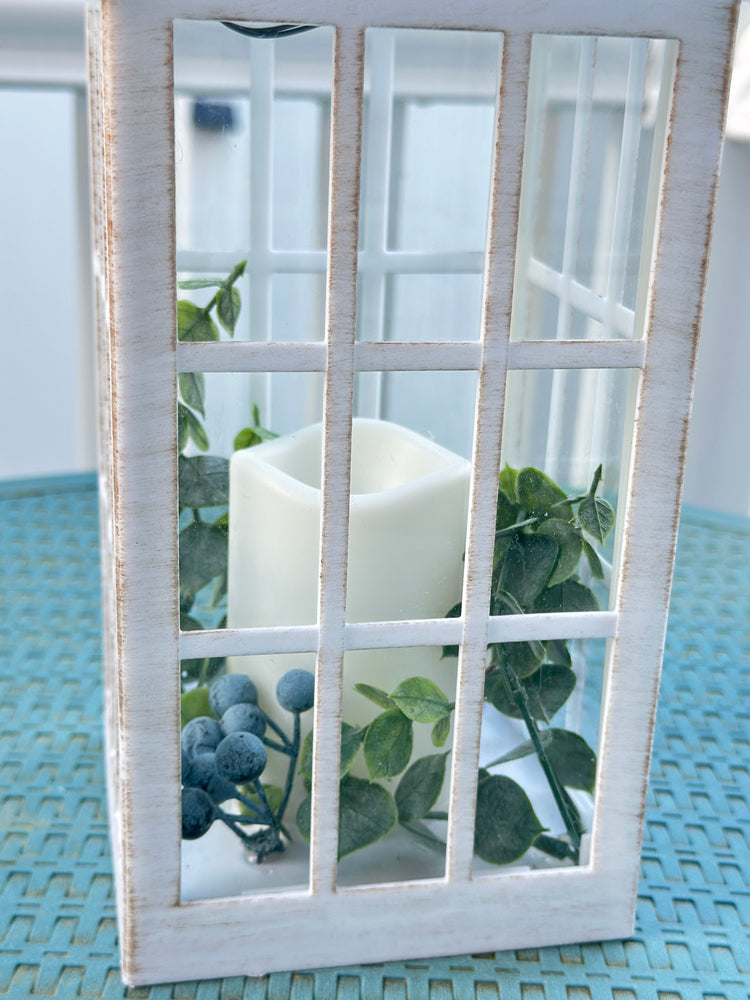 Solar Powered White Lantern with Faux Candle and Artificial Eucalyptus