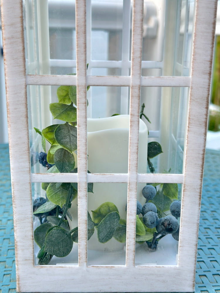 Solar Powered White Lantern with Faux Candle and Artificial Eucalyptus