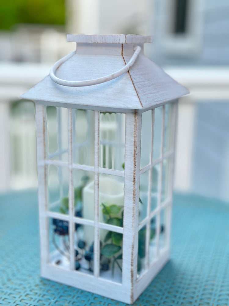 Solar Powered White Lantern with Faux Candle and Artificial Eucalyptus