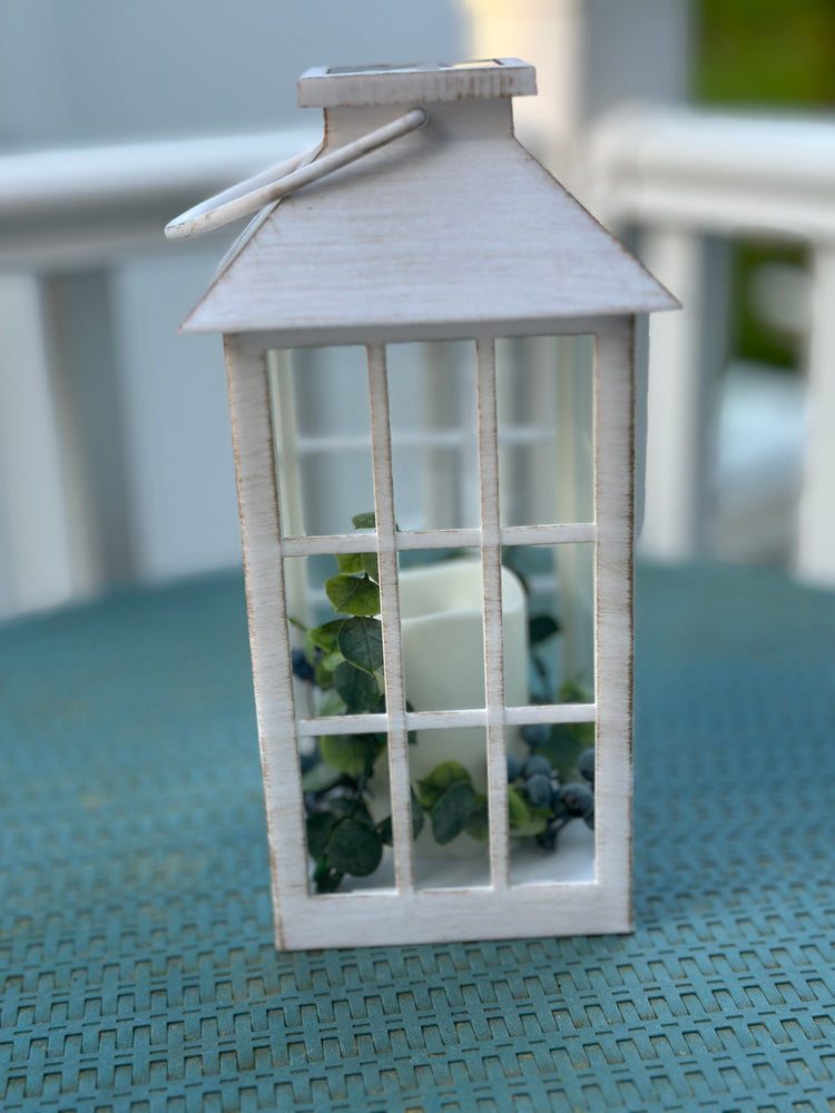 Solar Powered White Lantern with Faux Candle and Artificial Eucalyptus