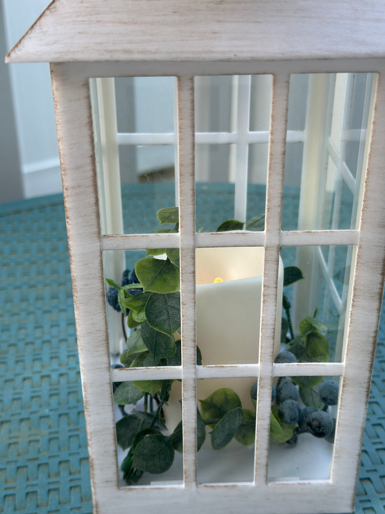 Solar Powered White Lantern with Faux Candle and Artificial Eucalyptus