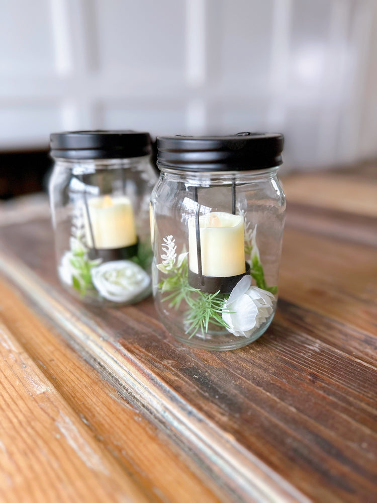 Mason Jar LED Candle Set With White Ranunculus