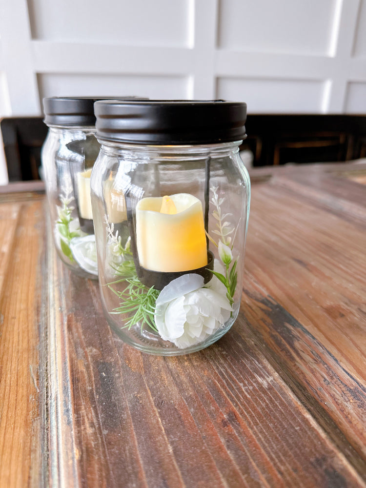 Mason Jar LED Candle Set With White Ranunculus