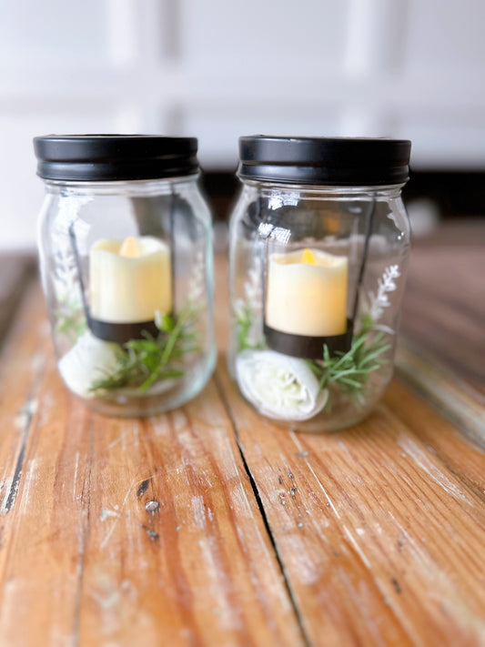 Mason Jar LED Candle Set With White Ranunculus