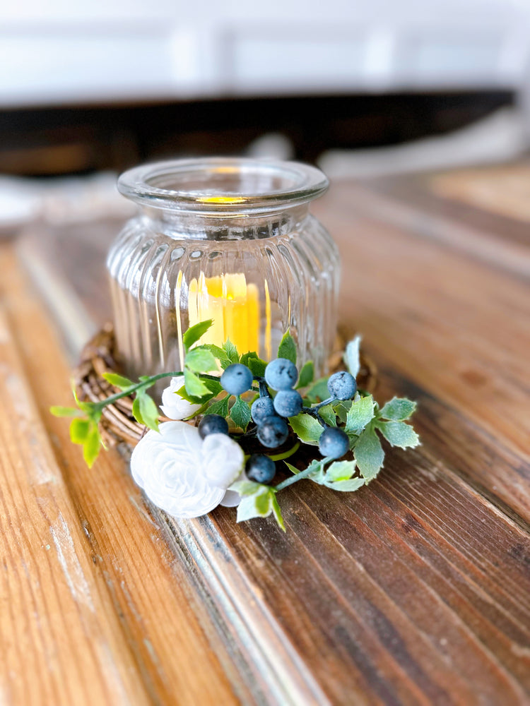 Rustic Farmhouse Glass LED Candle Holder with Blueberry Accents and White Floral Embellishment