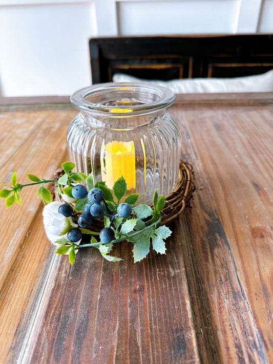 Rustic Farmhouse Glass LED Candle Holder with Blueberry Accents and White Floral Embellishment