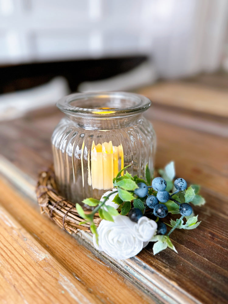 Rustic Farmhouse Glass LED Candle Holder with Blueberry Accents and White Floral Embellishment