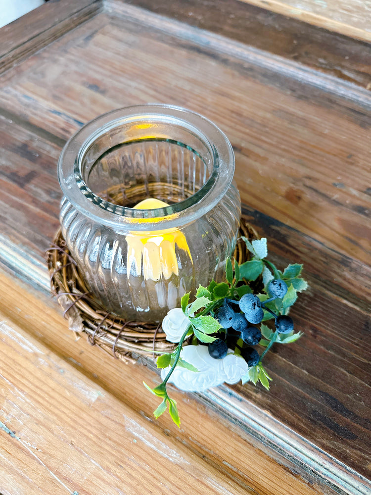 Rustic Farmhouse Glass LED Candle Holder with Blueberry Accents and White Floral Embellishment