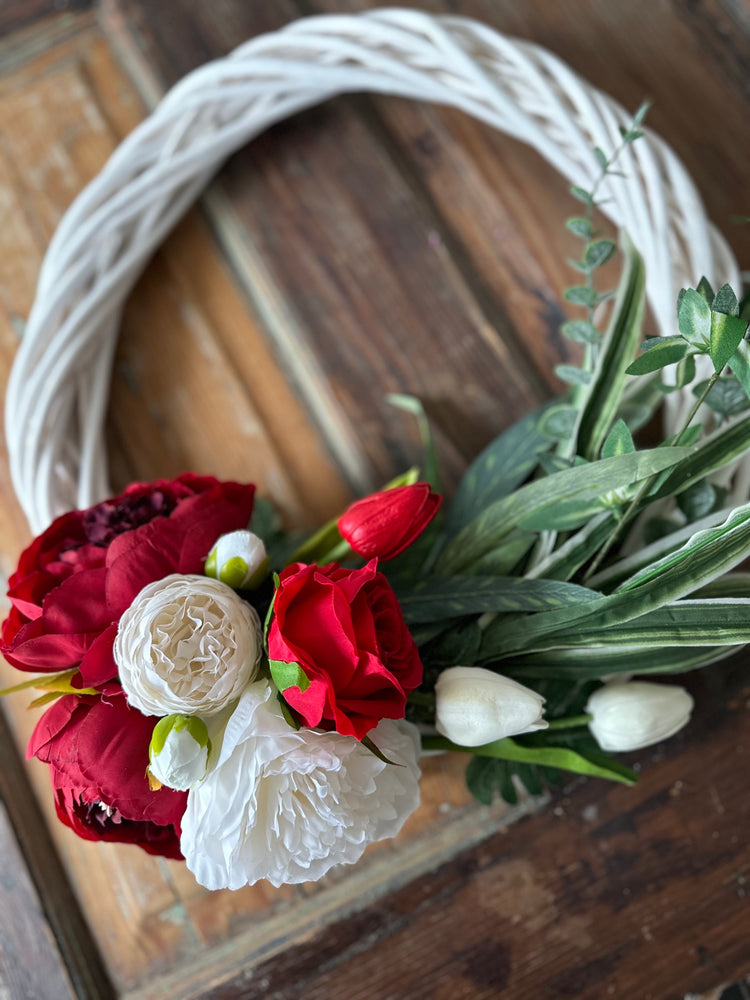 Contemporary Wicker Vibrant Red and White Peony Wreath