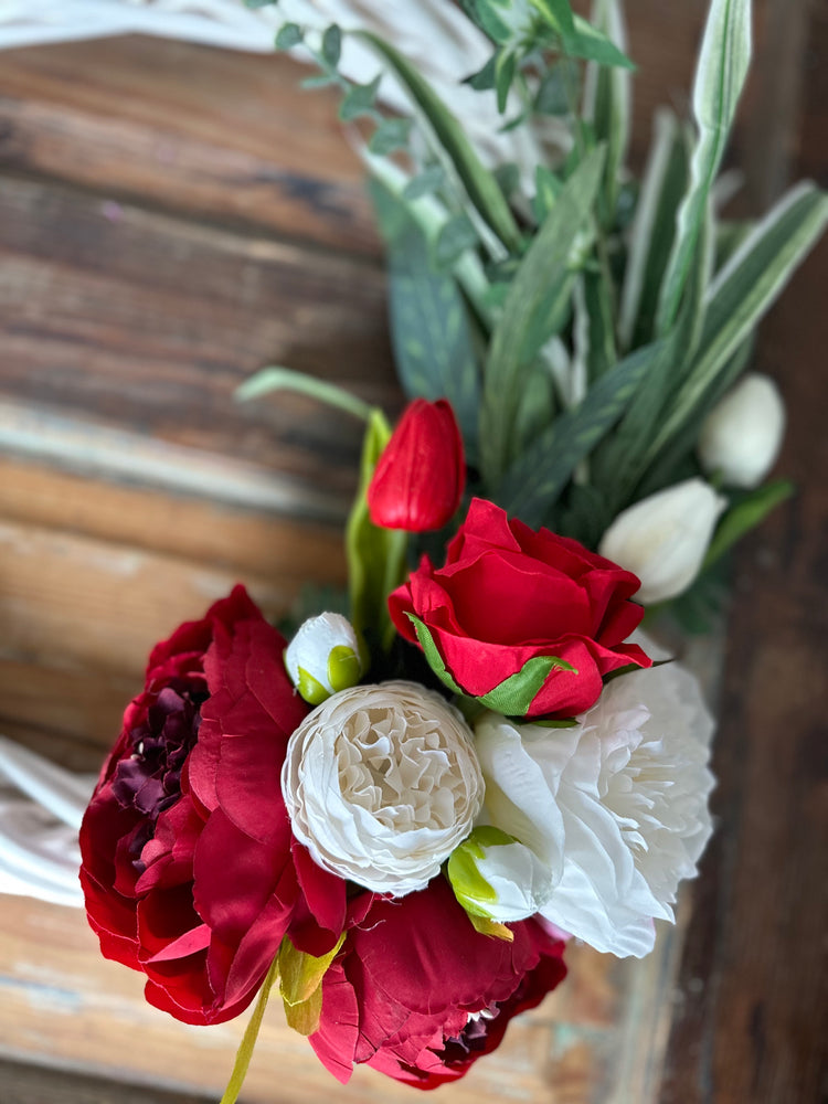 Contemporary Wicker Vibrant Red and White Peony Wreath