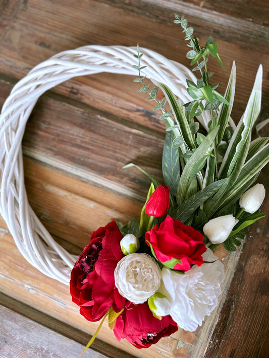 Contemporary Wicker Vibrant Red and White Peony Wreath