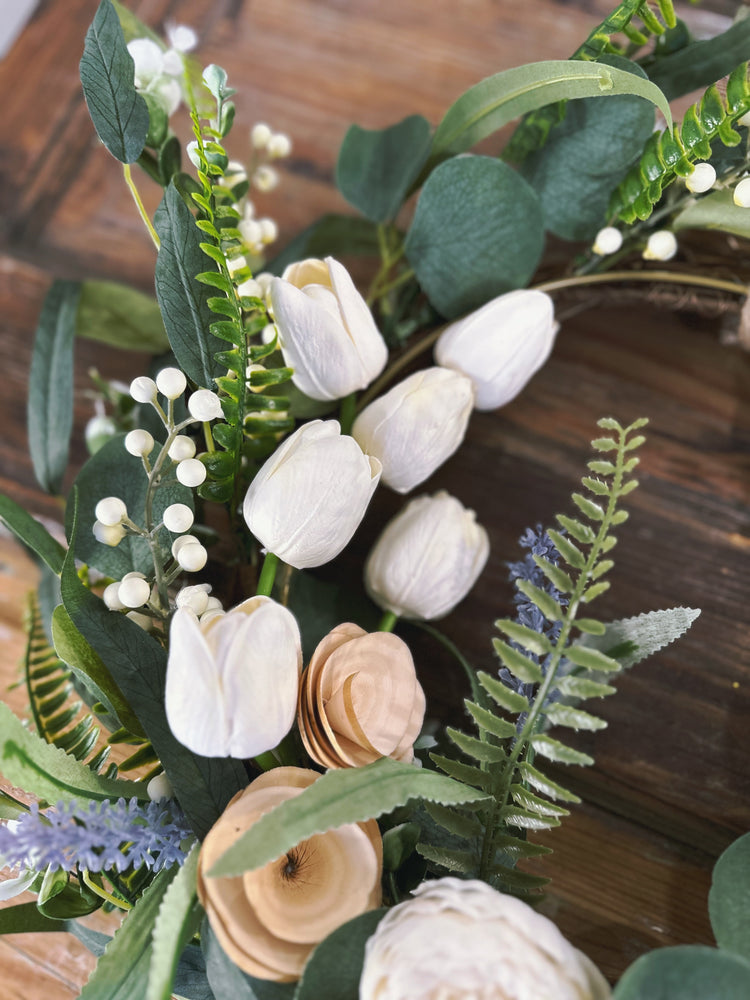 Artificial Spring Wildflower, Tulip, and Peony Golden Ring Wreath