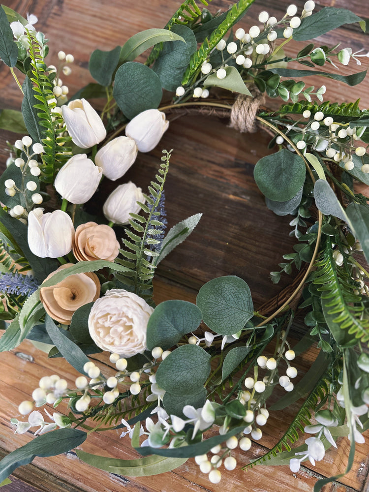 Artificial Spring Wildflower, Tulip, and Peony Golden Ring Wreath