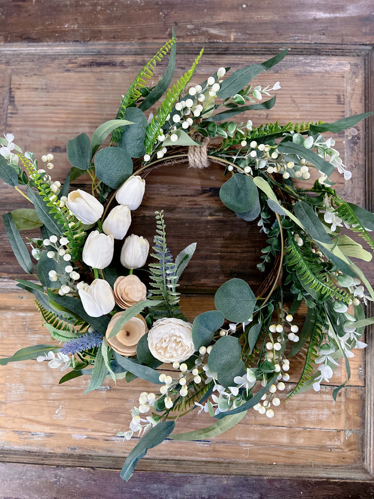 Artificial Spring Wildflower, Tulip, and Peony Golden Ring Wreath