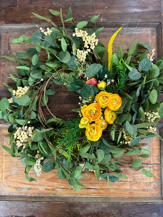 Vibrant Yellow Spring Wildflower and Ranunculus Wreath