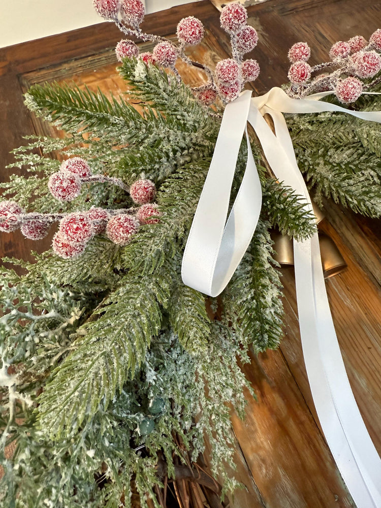 Lighted Christmas Wreath | Golden Bells, Snowy Pine & White Ribbon