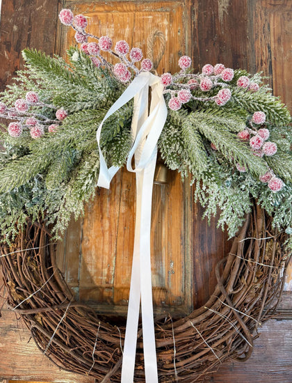 Lighted Christmas Wreath | Golden Bells, Snowy Pine & White Ribbon