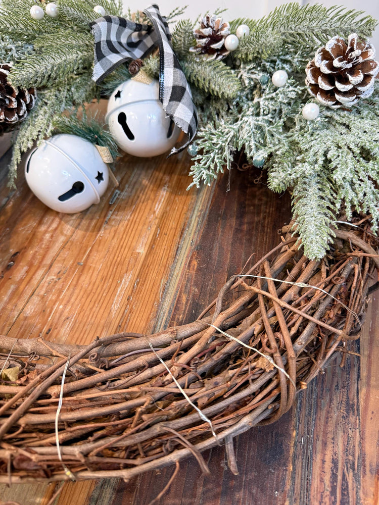 Rustic Christmas Wreath | Frosted Pine, Jingle Bells, Plaid Bow