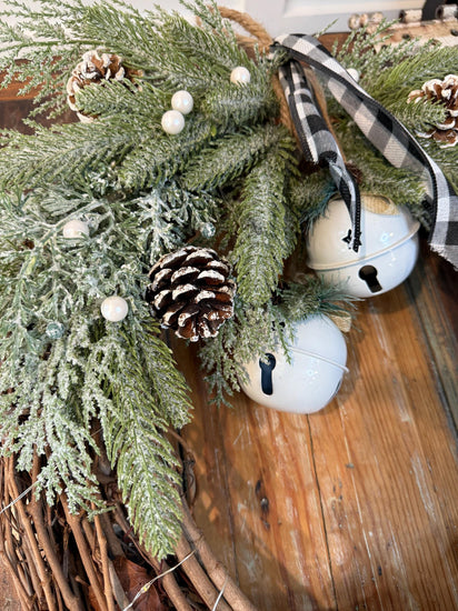 Rustic Christmas Wreath | Frosted Pine, Jingle Bells, Plaid Bow