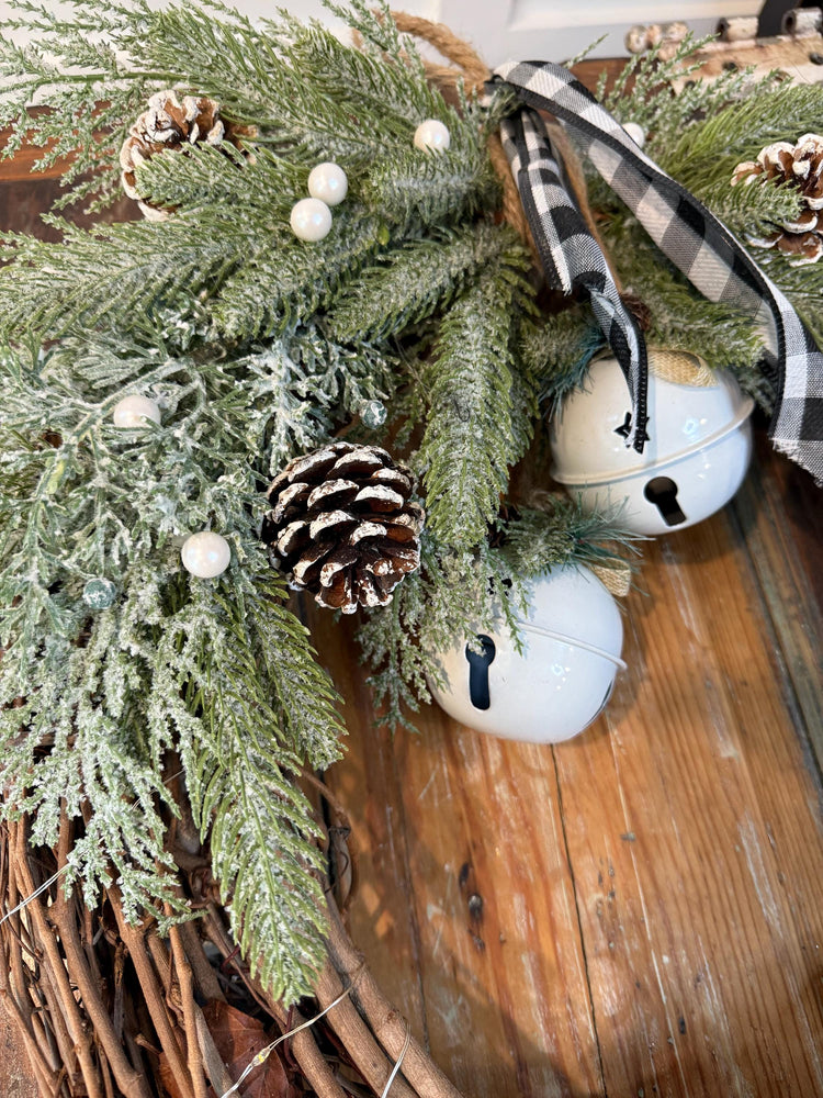 Rustic Christmas Wreath | Frosted Pine, Jingle Bells, Plaid Bow