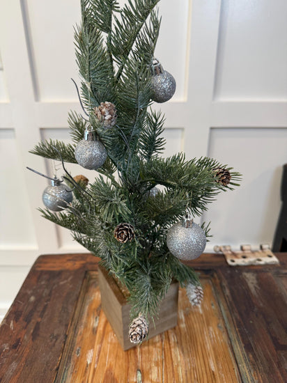 Mini Christmas Tree in Wood Box | Frosted Pine & Pinecones | Silver Ornaments | Tabletop Holiday Decor