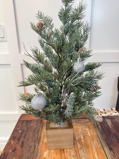 Mini Christmas Tree in Wood Box | Frosted Pine & Pinecones | Silver Ornaments | Tabletop Holiday Decor