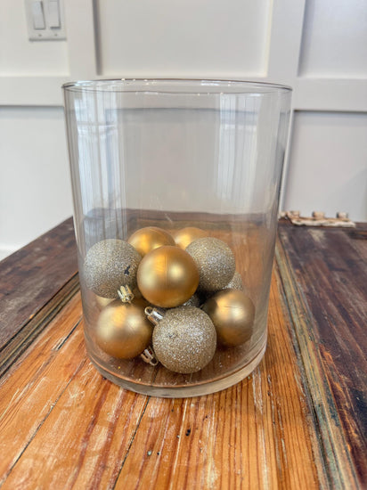 Gold Ornament Glass Vase Centerpiece | Matte & Glitter Ornaments | Modern Christmas Table Decor