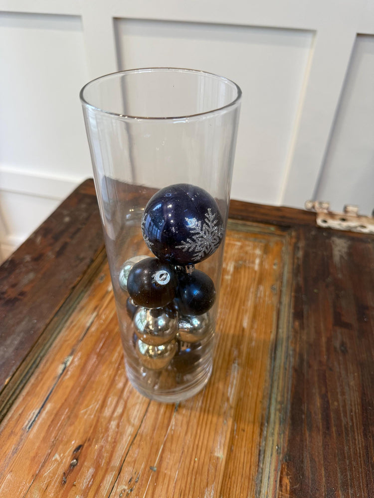 Navy & Silver Ornament Glass Vase Centerpiece | Tall Vase | Snowflake Christmas Table Decor