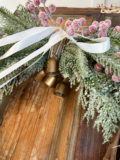 Lighted Christmas Wreath | Golden Bells, Snowy Pine & White Ribbon