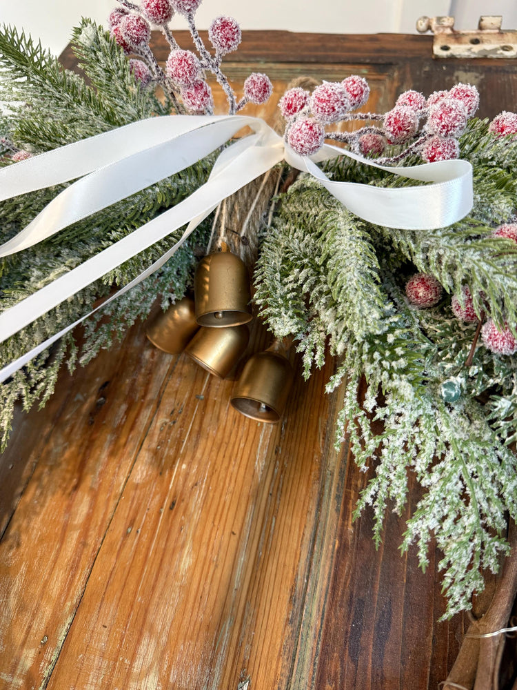 Lighted Christmas Wreath | Golden Bells, Snowy Pine & White Ribbon
