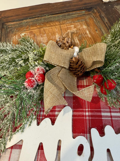 Merry Christmas Hoop Wreath | Red Plaid, Frosted Greenery & Burlap Bow
