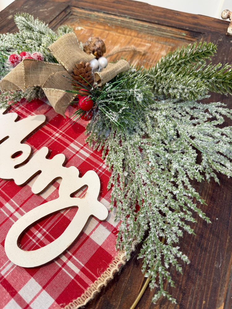 Merry Christmas Hoop Wreath | Red Plaid, Frosted Greenery & Burlap Bow