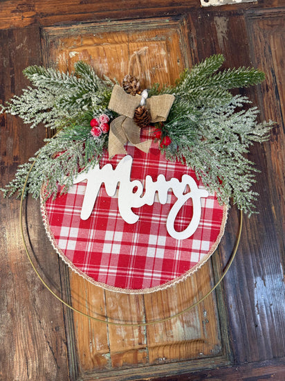 Merry Christmas Hoop Wreath | Red Plaid, Frosted Greenery & Burlap Bow