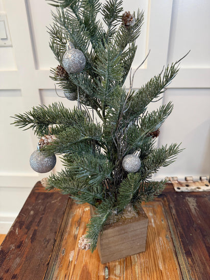 Mini Christmas Tree in Wood Box | Frosted Pine & Pinecones | Silver Ornaments | Tabletop Holiday Decor