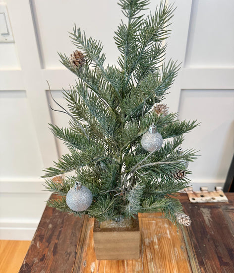 Mini Christmas Tree in Wood Box | Frosted Pine & Pinecones | Silver Ornaments | Tabletop Holiday Decor