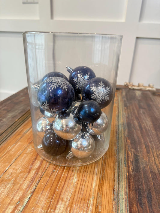 Navy & Silver Ornament Glass Vase Centerpiece | Snowflake Baubles | Modern Christmas Table Decor