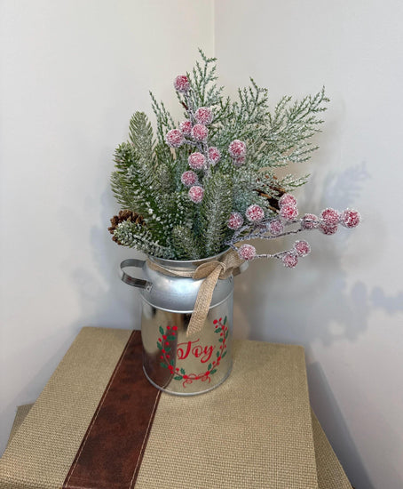 Joy Christmas Milk Can Arrangement | Frosted Greenery & Pink Berries | Farmhouse Holiday Table Decor