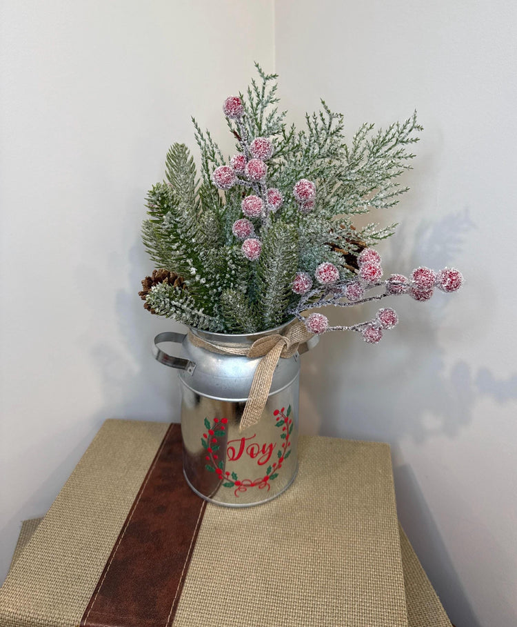 Joy Christmas Milk Can Arrangement | Frosted Greenery & Pink Berries | Farmhouse Holiday Table Decor