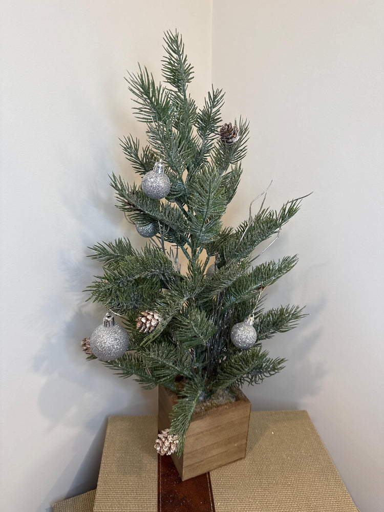 Mini Christmas Tree in Wood Box | Frosted Pine & Pinecones | Silver Ornaments | Tabletop Holiday Decor