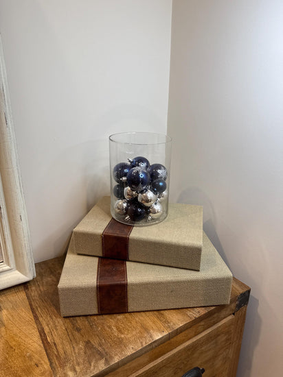 Navy & Silver Ornament Glass Vase Centerpiece | Snowflake Baubles | Modern Christmas Table Decor