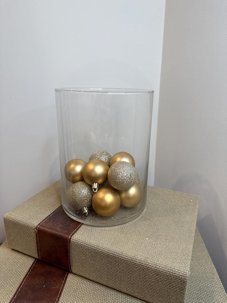 Gold Ornament Glass Vase Centerpiece | Matte & Glitter Ornaments | Modern Christmas Table Decor