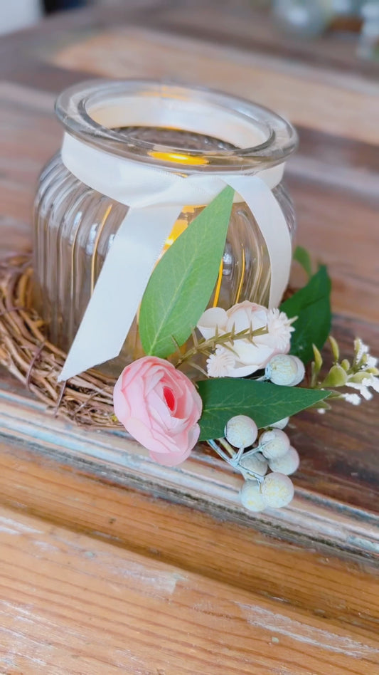 Glass LED Candle Holder with Pastel Pink Floral Accents