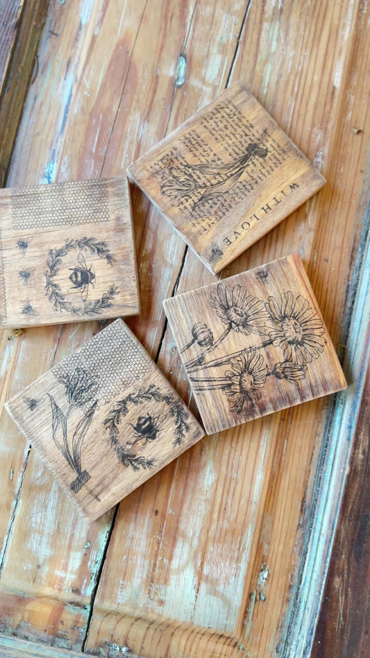 Rustic Bee & Sunflower Wooden Coaster Set - 4 Piece