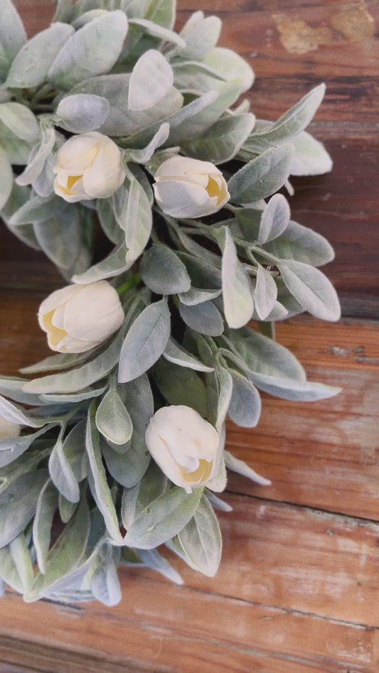 Spring Lamb's Ear Wreath with White Tulips