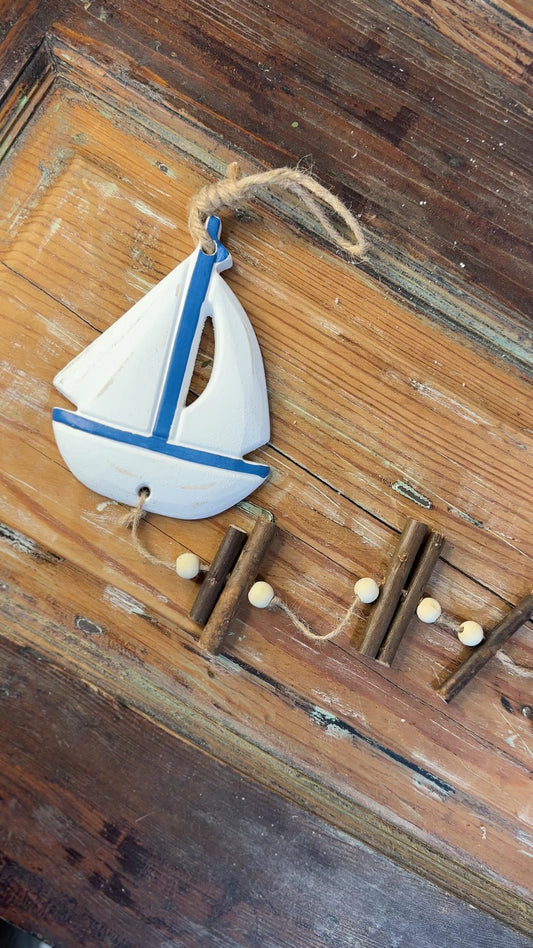 Nautical Wood and Ceramic Sailboat Wall Hanger