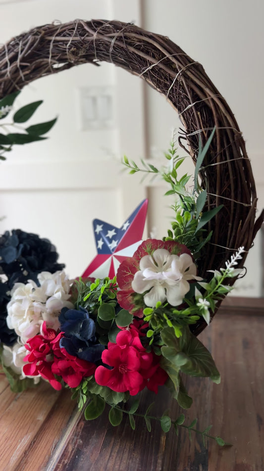 Patriotic Standing Wreath with LED Lights and American Flag Star